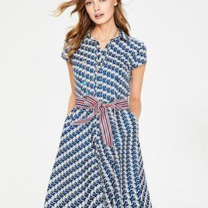 Boden Sophia shirt dress blue w/ white flamingos, ribbon belt
